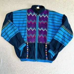 Vtg BMC Guatemala Handwoven Cotton Jacket 90s Boho Geometric Zip Up Bomber Large